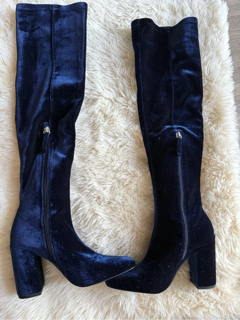 Zara Navy Velvet Over-the-Knee Block Heel Boots